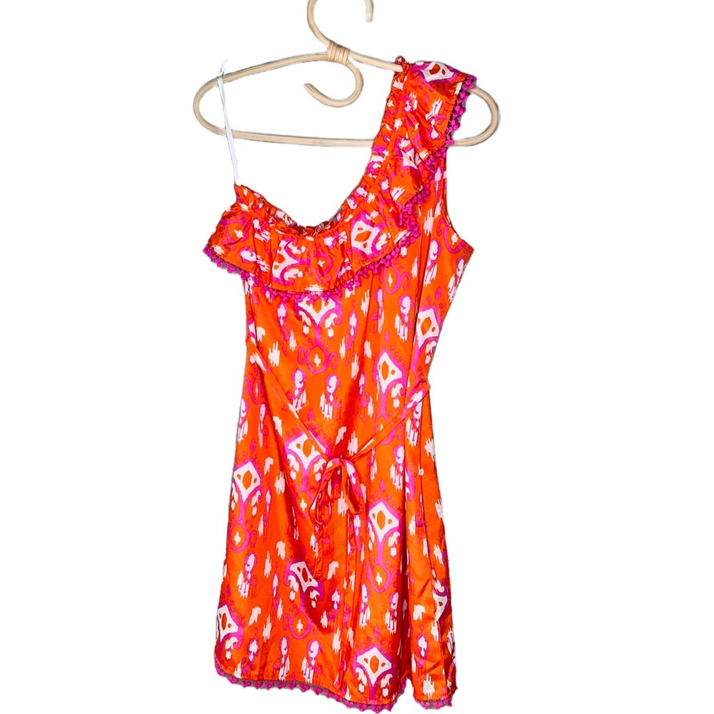 Mud Pie Ikat One Shoulder Pom Pom Ruffle Top Pink & Orange Mini Dress Medium